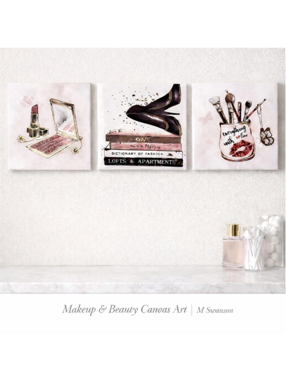 NEW Beauty Theme Canvas Wall Art 8”×8” Contemporary Pink & Gold Glam 3-Piece Set